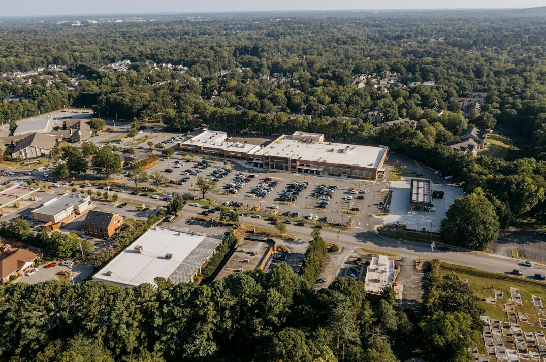 suburban shopping center at dusk